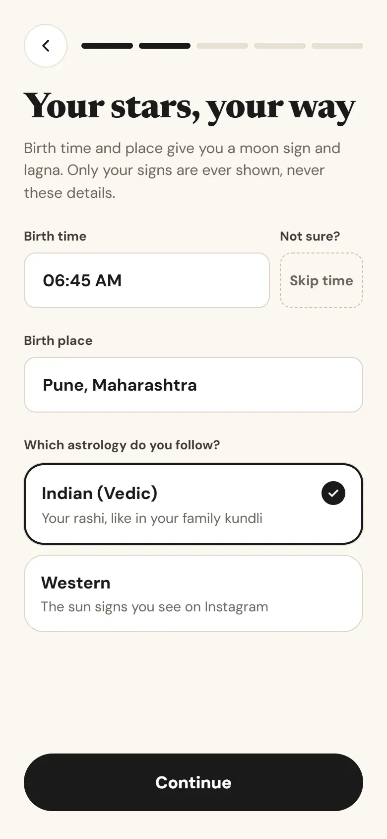 Amingoes onboarding: birth time, place and Vedic or Western astrology